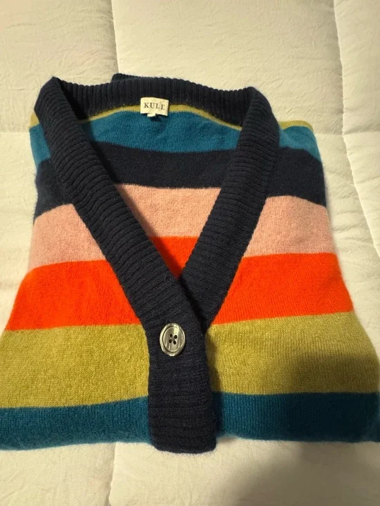 KULE Navy-Trim Striped V-Neck Cardigan in Coral, Teal & Olive - Picture 15 of 15